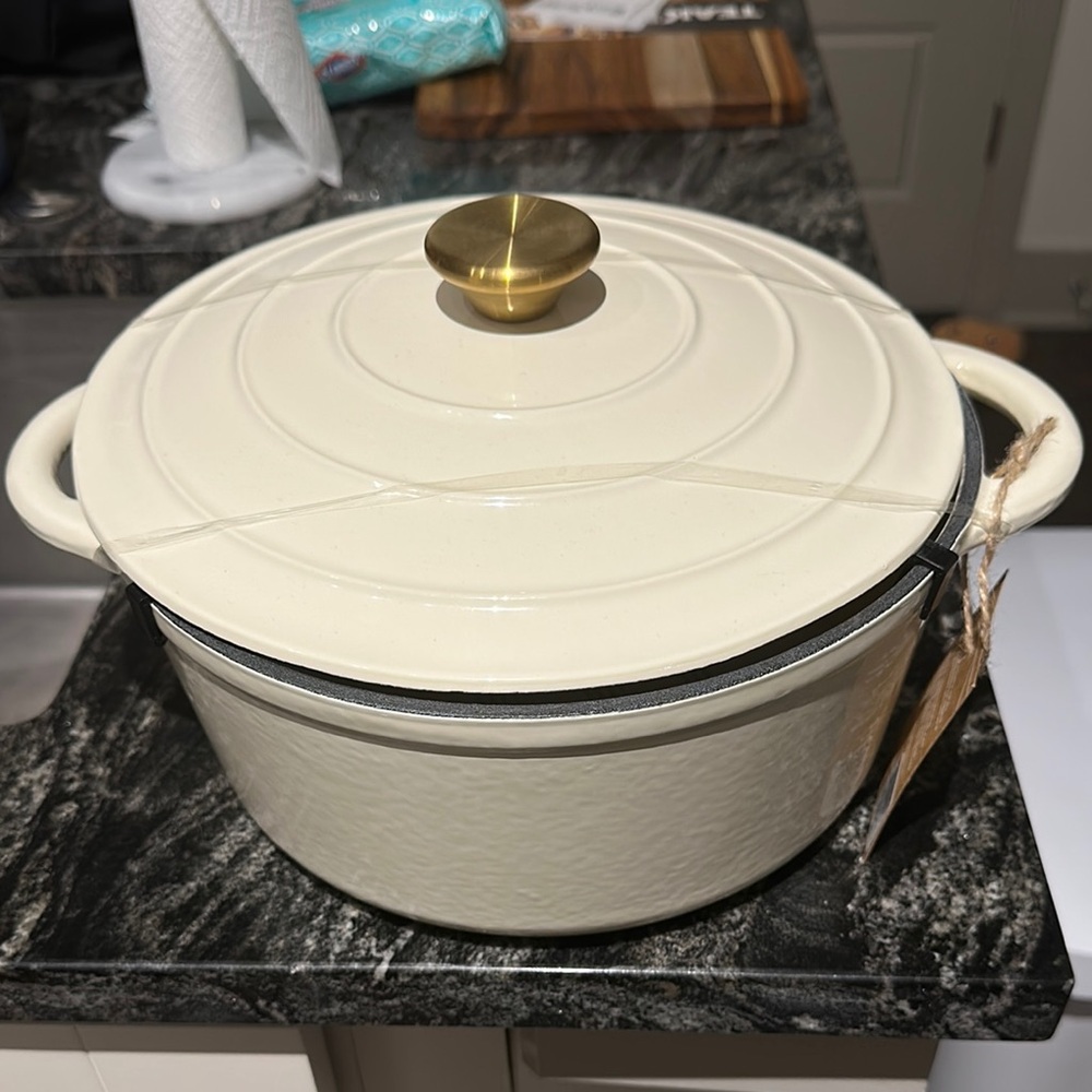 Cost Plus World Market Cream and Gold Dutch Oven Cookware